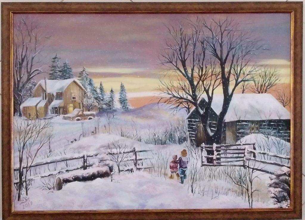 نقاشی رنگ روغن روستای برفی
