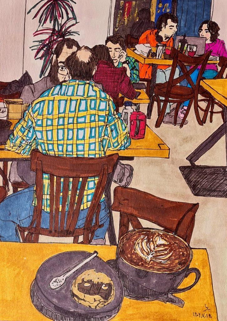 نقاشی اسکچ از‌ آدم ها در کافه